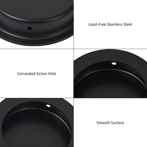 Recessed Pocket Door Pull Handles 2 And 3 Quarter Inch Round Finger Flush Pulls for Barn Doors Matte Black, close-up view.
