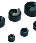 Knockout Punch Driver Kit Pro Grade Heavy Duty With Sizes 9, 11, 13, 16, 21 And 30.5 mm, showing six metal dies for precise hole cutting.