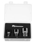 Heavy Duty Dual Function Pipe Threader Kit For Power Drill Cuts And Threads Half Through One Inch PVC Pipe With No Sweat Dead Easy Install Smooth Operation - includes 1/2, 3/4, and 1 inch cutters in a compact case.