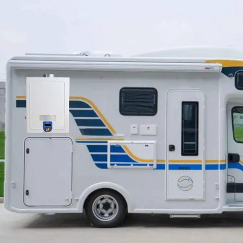 12V Diesel Tankless Water Heater For RV And Camper Vans mounted on a camper van, showcasing portable instant hot shower setup.