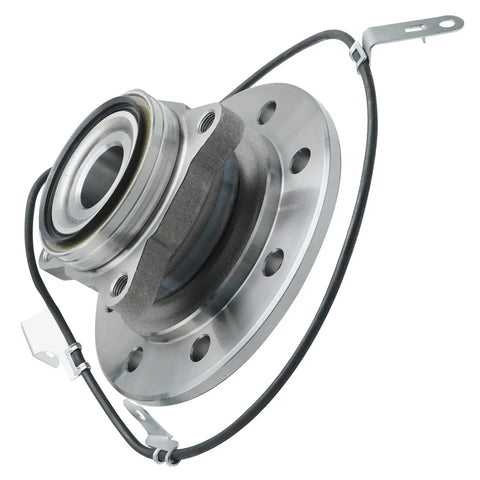 Heavy Duty 4WD Front Wheel Bearing Hub Assemblies For 96 Through 00 Chevy And GMC K2500 K3500 Suburban Old Body Style Duramax Trucks close-up view with sensor wire and metallic finish.