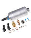 High Flow 12V Fuel Pump For EFI Systems, 43 To 75 PSI, 53 GPH, Universal Fit, with accessories and connectors displayed