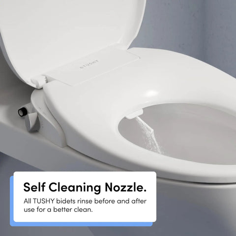Self-cleaning nozzle of Smooth Non Electric Bidet Toilet Seat Elongated Design With Bamboo Knob for better hygiene.