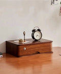 Wooden Desktop File Cabinet Organizer With Lockable Drawers For Home Or Office on desk with clock