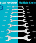 Super Thin Open End Wrench Set Metric With Rolling Pouch showing multiple sizes from 5.5mm to 27mm, chrome plated carbon steel.