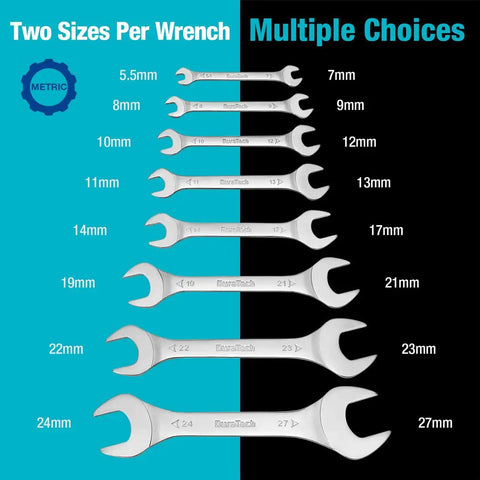 Super Thin Open End Wrench Set Metric With Rolling Pouch showing multiple sizes from 5.5mm to 27mm, chrome plated carbon steel.