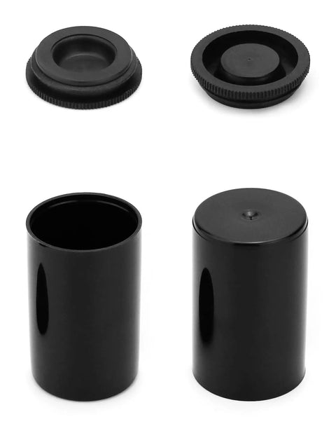 Film Canisters With Lids 50 Pack 8 Oz Plastic Camera Reel Containers showing open and closed positions