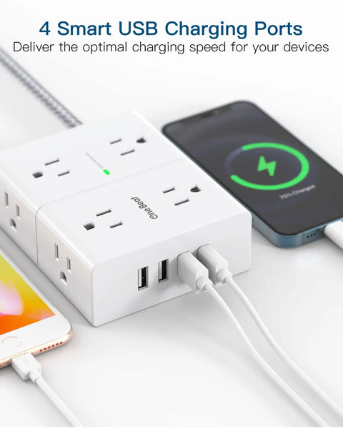 10 Ft Heavy Duty Braided Extension Cord With Surge Protector Power Strip, 8 Outlets And 4 USB Ports in use with phones