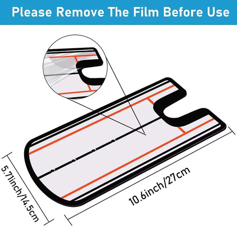 Close-up dimensions of Portable Golf Putting Alignment Mirror With Automatic Ball Return Cup for practice and alignment.