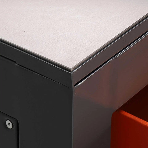 Close-up of Industrial Grade Steel Workbench Featuring Two Secure Locking Drawers And Quick Access Shelf built for durability.