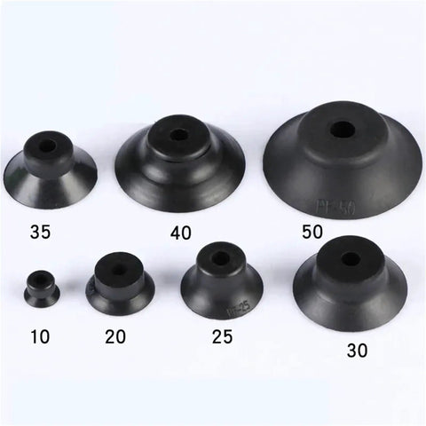 Various sizes of Powerful Pfg30n Silicone Vacuum Suction Cups in black rubber for industrial lifting applications.