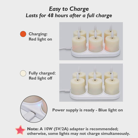 Six Pack Rechargeable Flameless Votive Candles With Timer LED Tealight Set With Magnetic Charging Base and USB Cable
