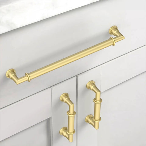 Top Notch Brushed Gold Cabinet Handles And Drawer Pulls For Kitchen Cupboards Rust Proof Metal Hardware Absolutely No Sweat Setup Heavy Duty Build Quality 10 Pack image showing 10-inch brushed gold cabinet pull on white cupboard doors.
