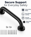 Rock Solid 12 Inch Matte Black Stair Handrail Wall Mounted Grip Aid For Indoor Outdoor Steps showing matte black metal with mounting screws.