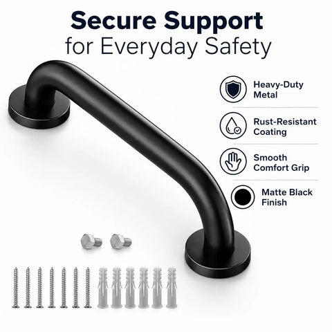 Rock Solid 12 Inch Matte Black Stair Handrail Wall Mounted Grip Aid For Indoor Outdoor Steps showing matte black metal with mounting screws.