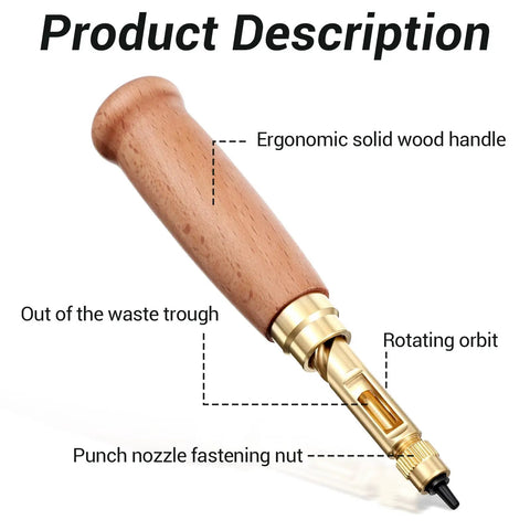 Adjustable Leather Hole Punch boasts a comfy wooden handle, featuring a brass nozzle for precise punching of various materials.