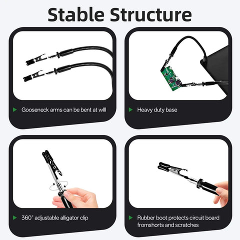 Helping Hands Soldering Station With Four Flexible Arms Magnetic Soldering Holder showing adjustable gooseneck and clips