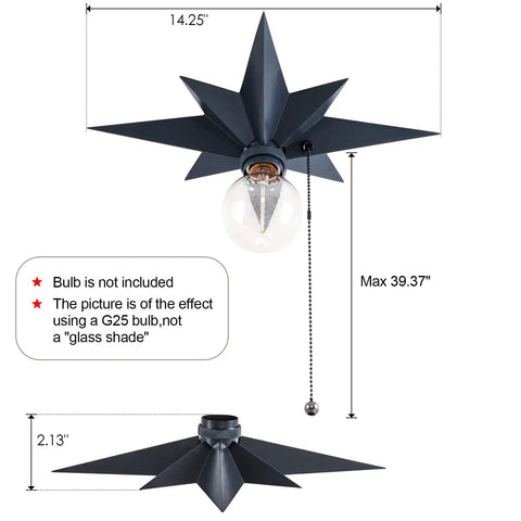 Black Star Flush Mount Ceiling Light With Pull Chain On Off Switch, Modern Mid Century Style Fixture dimensions diagram