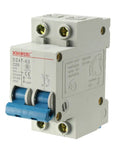 Front view of Two Pole 25A 400V Low Voltage Miniature Circuit Breaker DIN Rail Mount DZ47-63 C25 with fast trip protection.