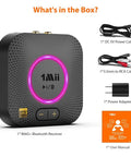 Bluetooth Receiver For Vintage Stereo With LDAC, Bluetooth 5.3 and AptX HD/LL with package contents, cables, and manual.