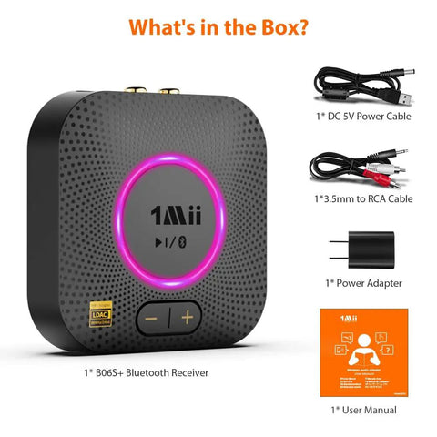 Bluetooth Receiver For Vintage Stereo With LDAC, Bluetooth 5.3 and AptX HD/LL with package contents, cables, and manual.