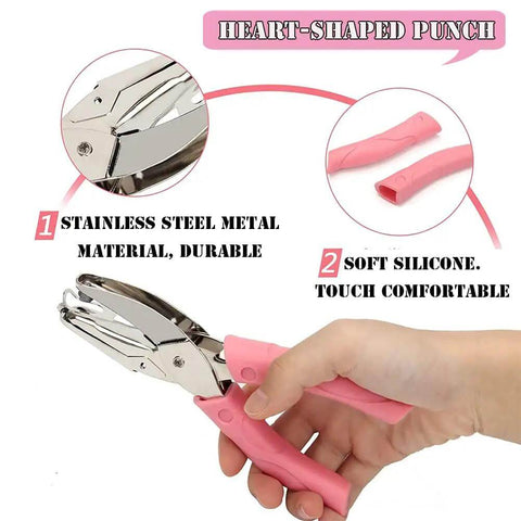 Hand holding Heart Shaped Paper Punch Handheld Perforator for DIY Crafts and Scrapbooks, stainless steel with soft non-slip handle.