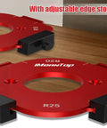 Rock Solid Aluminum Router Corner Radius Jig Set For Woodworking shows adjustable edge stops with R15 and R25 templates.