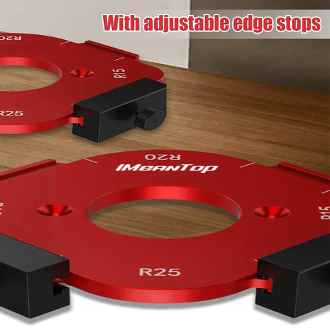 Rock Solid Aluminum Router Corner Radius Jig Set For Woodworking shows adjustable edge stops with R15 and R25 templates.