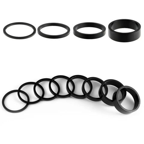 Twelve Piece Aluminum Alloy Bike Stem Spacers Set For One And One Eighth Inch Headset Spacers Four Sizes 2mm 3mm 5mm 10mm black