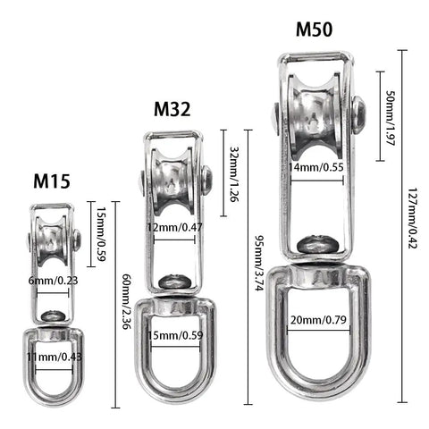 M50 Single Pulley Blocks Two Pack Beefy Heavy Duty Stainless Steel Roller Crane Pulley Accessories with size measurements