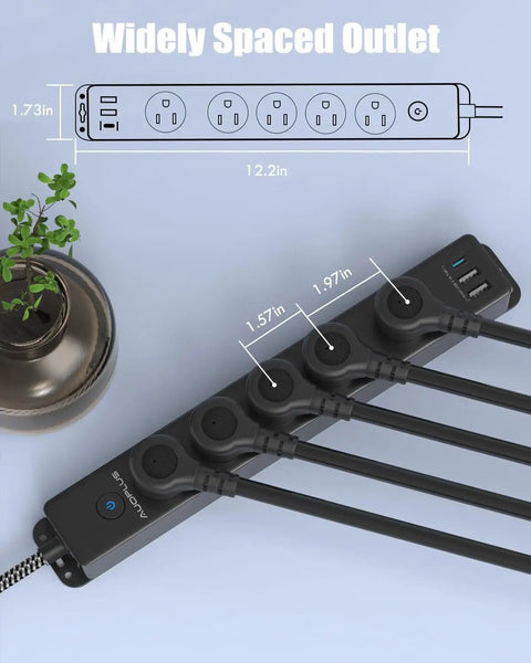 Surge Protector Power Strip With USB C Ports, 5 Outlets And 3 USB Ports, 1 USB C Port, 5 Ft Braided Extension Cord with plant