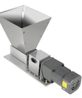 Real Workhorse Electric Grain Grinder With Four Detachable Hoppers, Heavy Duty Countertop Mill showing stainless top hopper and motor.