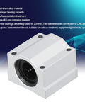 Top Shelf Heavy Duty 20mm Aluminum Linear Ball Bearing Slide Block With Slick Rolling Bushings For Precision Cnc Machines and Electronic Gear Linear Motion Guide Shaft, side view showing smooth bearing opening.