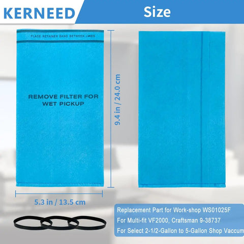Eight Pack Wet Dry Filter Bags For 2.5 To 5 Gallon Shop Vacuums With Three Retaining Bands Easy Fit For Craftsman Husky Stinger And Related Models Heavy Duty Replacement Bags For Wet And Dry Cleanup Projects showing size dimensions and retaining bands.