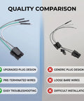 Quality comparison of upgraded washer lid switch connector wire harness with pre-terminated wires vs generic design, highlighting durability.