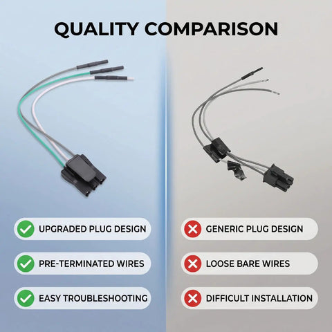 Quality comparison of upgraded washer lid switch connector wire harness with pre-terminated wires vs generic design, highlighting durability.