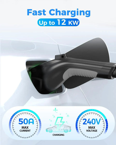 Heavy Duty J1772 EV Charger Extension Cable 50Amp 20 Feet UL Listed Plug And Play Outdoor Charging Cord close-up on vehicle charging port.