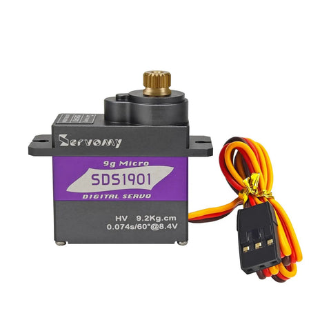 SERVOMY-SDS1901 high torque micro servo with coreless motor and metal case, ideal for robots, aircraft, cars, education, grey 21T, 90° view