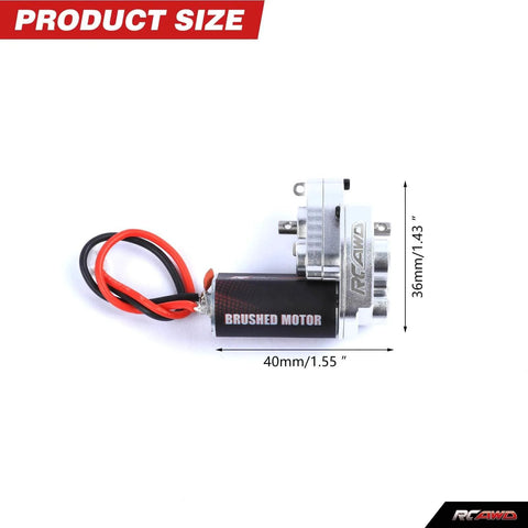 RCAWD brushed motor with aluminum center gear case and red/black wires, 40mm long.