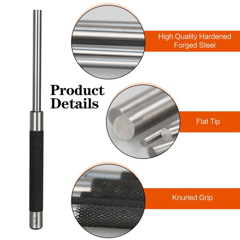 8 Inch Long Carbon Steel Pin Punch Set Includes 5 Punch Sizes 1/8 Inch 3/16 Inch 1/4 Inch 5/16 Inch and 3/8 Inch Knurled Handle Pin Punches With Durable Build And Handy Storage Pouch For Quick Pro Grade Pin Removal, showing detail of high-quality hardened steel, flat tip, and knurled grip.