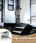Built Tough 304 Stainless RV Door Holder And Hold Open Latch on trailer showcasing outdoor installation