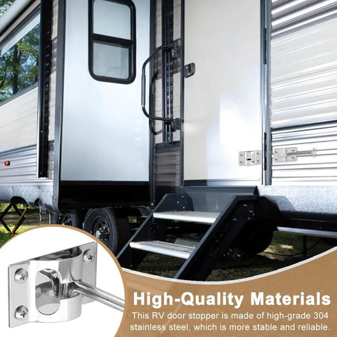 Built Tough 304 Stainless RV Door Holder And Hold Open Latch on trailer showcasing outdoor installation