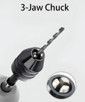 Two Piece Drill Chuck Adapter Set With One Quarter Inch Hex Shank Keyless Quick Change for power drills, 3-jaw chuck close-up.