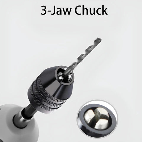 Two Piece Drill Chuck Adapter Set With One Quarter Inch Hex Shank Keyless Quick Change for power drills, 3-jaw chuck close-up.