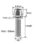 Titanium MTB Stem Bolts M5x16/18/20mm Taper Head Hex Socket Screws With Titanium Washers Pack Of 6 Dope Grade 5 6AL4V shown with dimensions