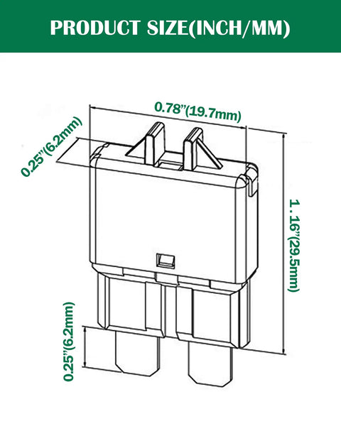 Diagram of Manual Resettable Blade Fuse Kit With 5A 10A 15A 20A 25A 30A ATC ATO Fuses size measurements in inch/mm