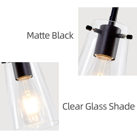 BESTWEST 3 Pack Pendant Lights Kitchen Island close-up of matte black fixture and clear glass shade illuminating.