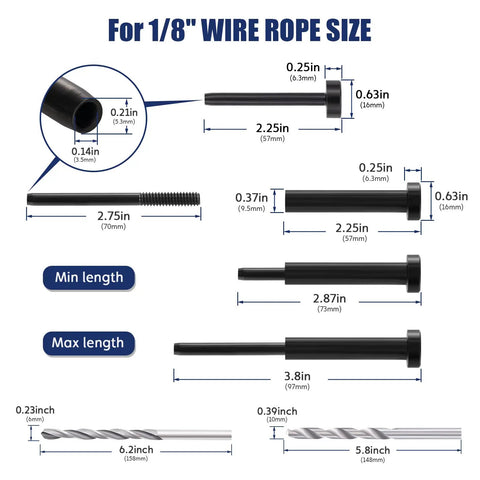 Diagram of Invisible Cable Railing Kit One Eighth Inch Black With Drill Bits And Wrench T316 Stainless showing dimensions.