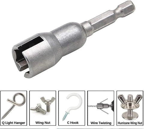 No Sweat Wing Nut Driver Drill Bit Socket Tool With Quarter Inch Hex Shank for Power Drills showing a metal wing nut driver.