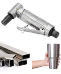 Heavy Duty 90 Degree Pneumatic Air Die Grinder With 0.3 HP Motor And Lightning Fast 20000 Rpm Speed Tough As Nails Tungsten Steel Build positioned above various stainless steel materials.